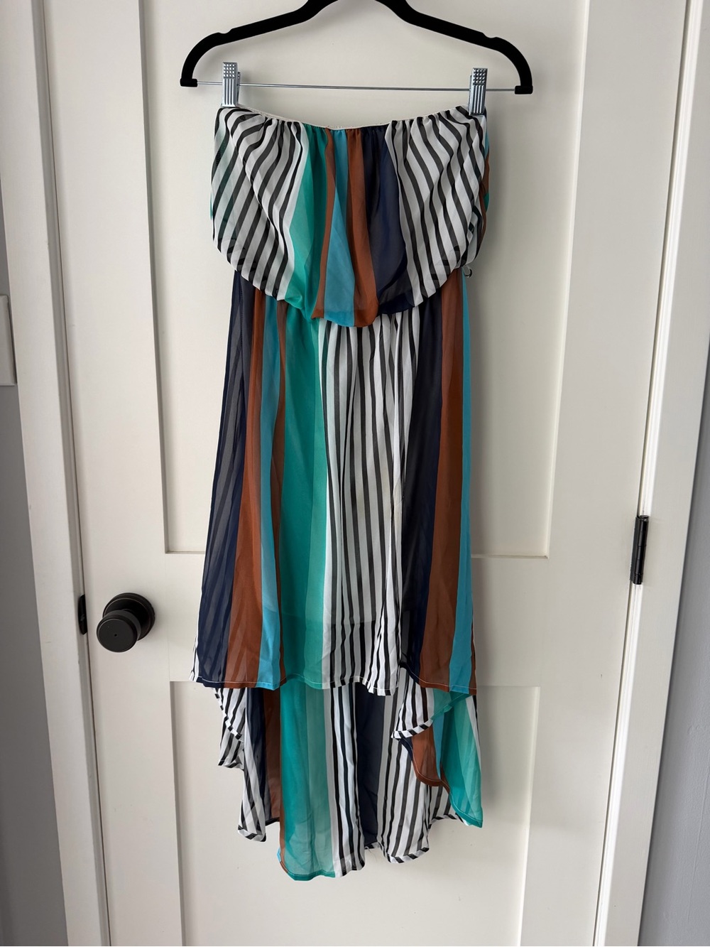 Iris Basic Strapless High-Low Dress in Teal, Navy, Rust & White